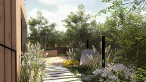 Kvalitně vyřešený prostor s oázami ukrytými v zeleni.