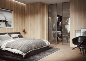 Posuvné dveře IDEANET v posuvu do stropu PREMIUM, obklad stěny EFEKTA Foto: JAP FUTURE